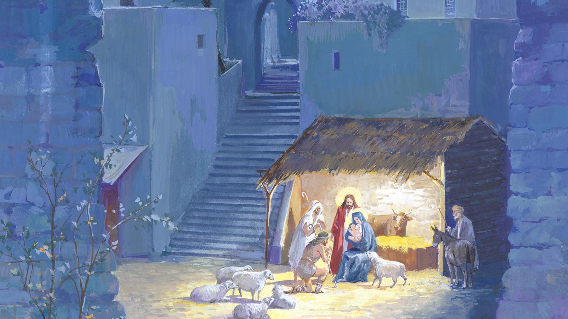 Download Nativity Scene Display Between Christmas Trees Wallpaper   Wallpaperscom