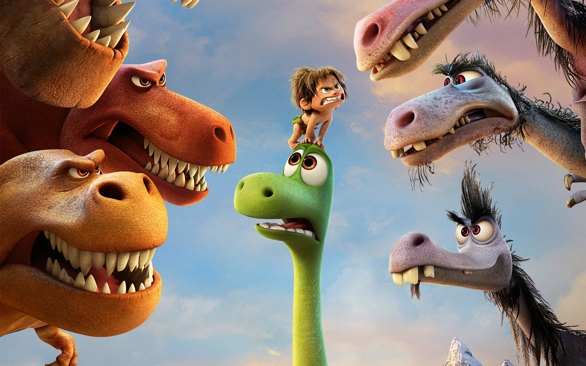 A cute green dinosaur with a small caveboy on its head, surrounded by other dinosaurs from the movie 