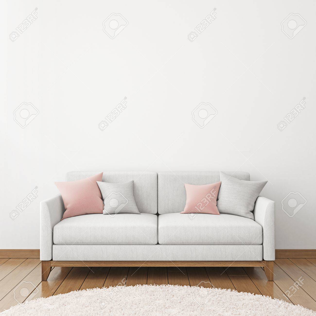 Interior Wall Mock Up With Fabric Sofa And Pillows On White