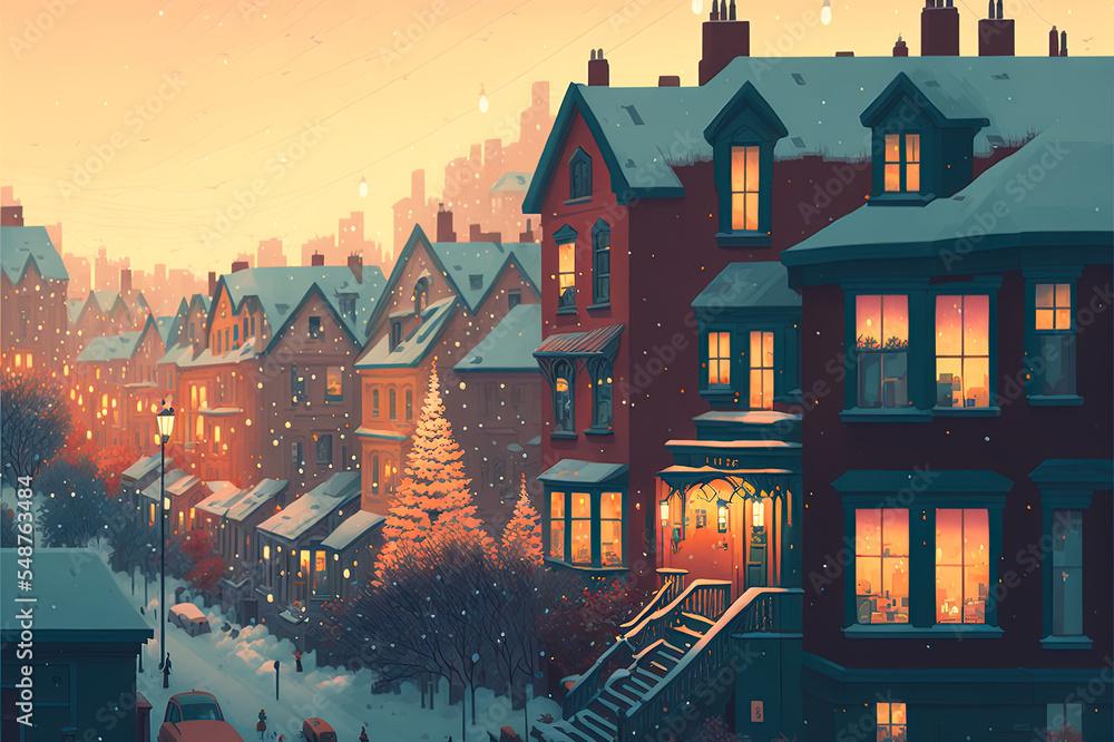 Christmas Town With Snow And Warm Light Decoration In Winter