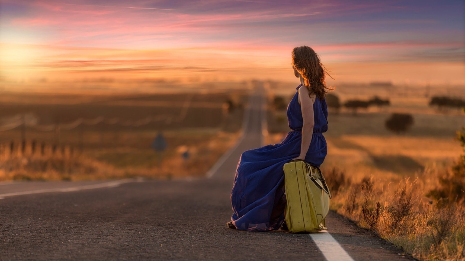 Alone Girl On Road Widescreen Wallpaper