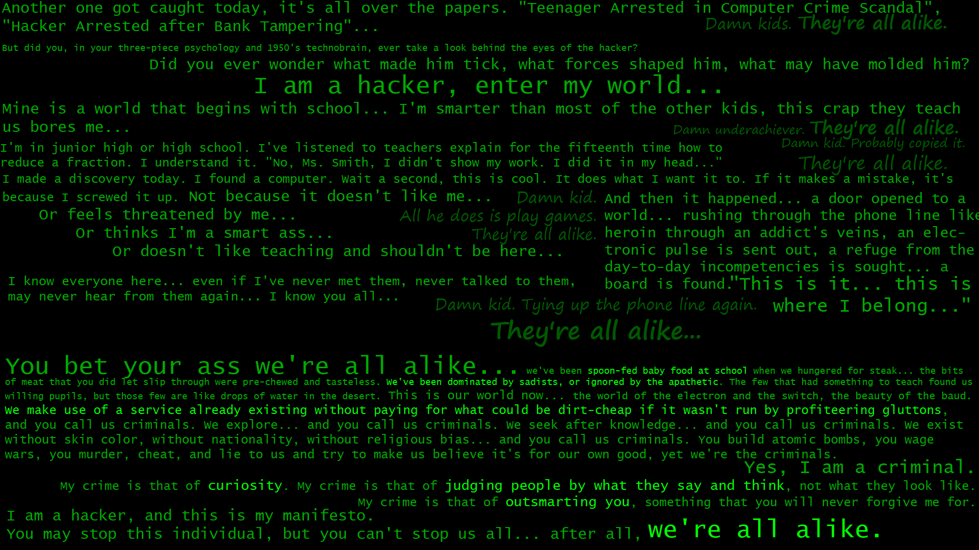 Quotes Hackers Manifesto Black Background Green Text