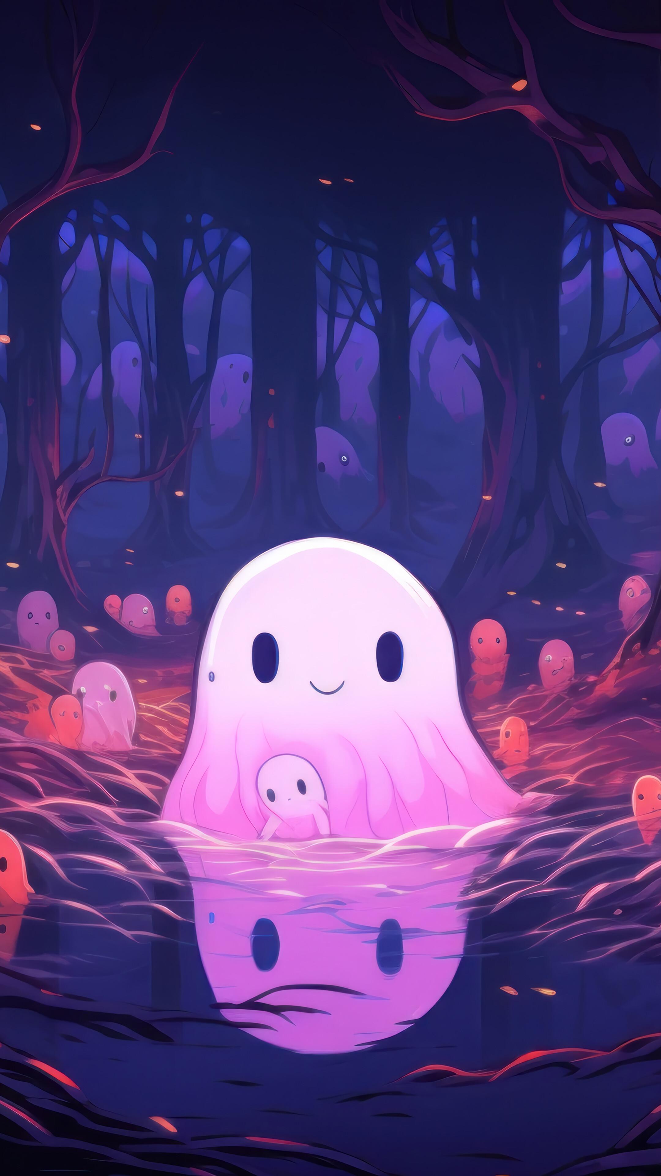Cute Ghost Forest Halloween 4K Wallpaper iPhone HD Phone 3441m