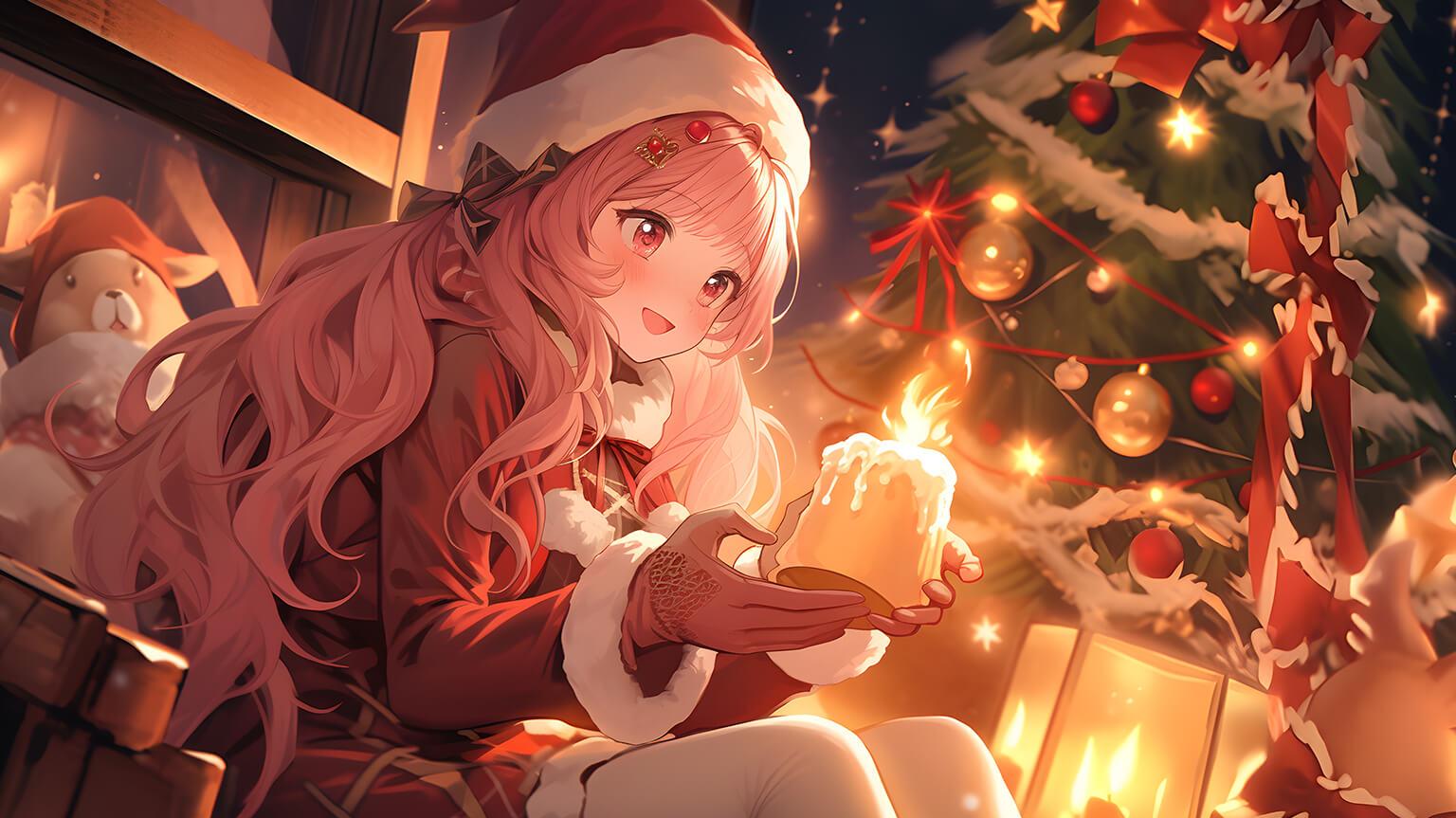 Christmas Anime Girl With Candle Desktop Wallpaper In 4k