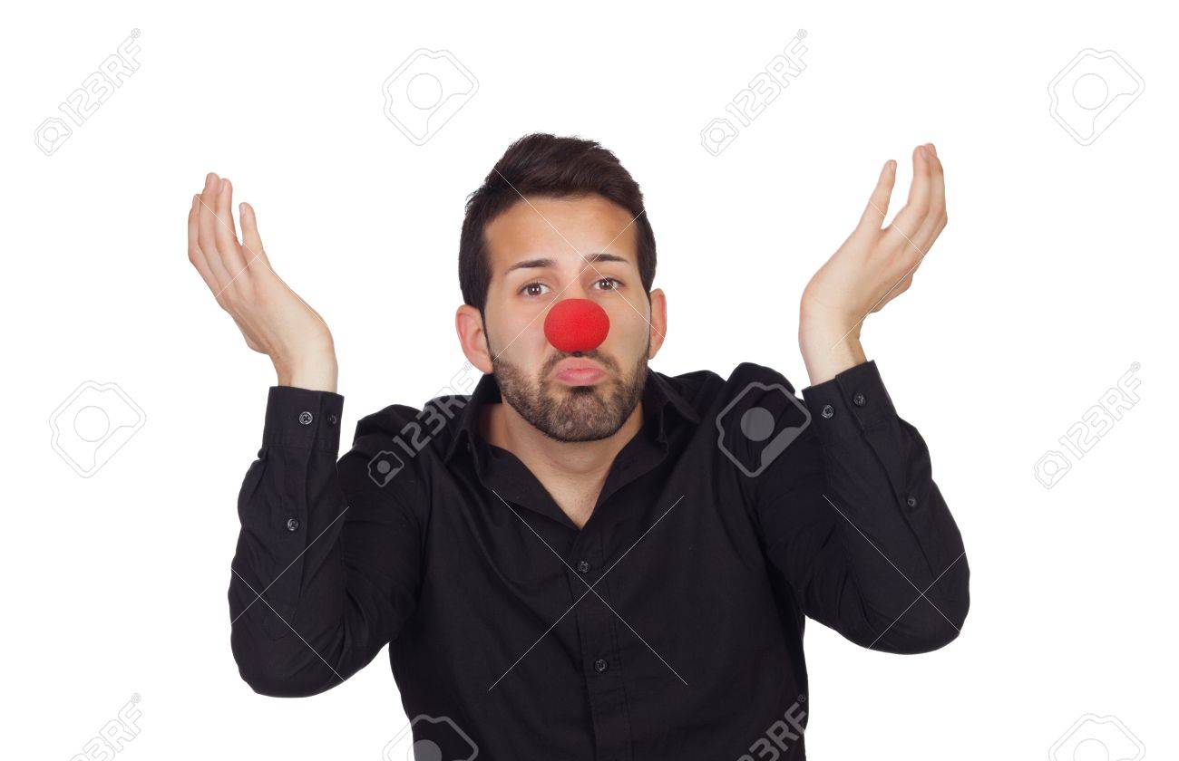 Ignorant Businessman With Clown Nose Isolated On White Background