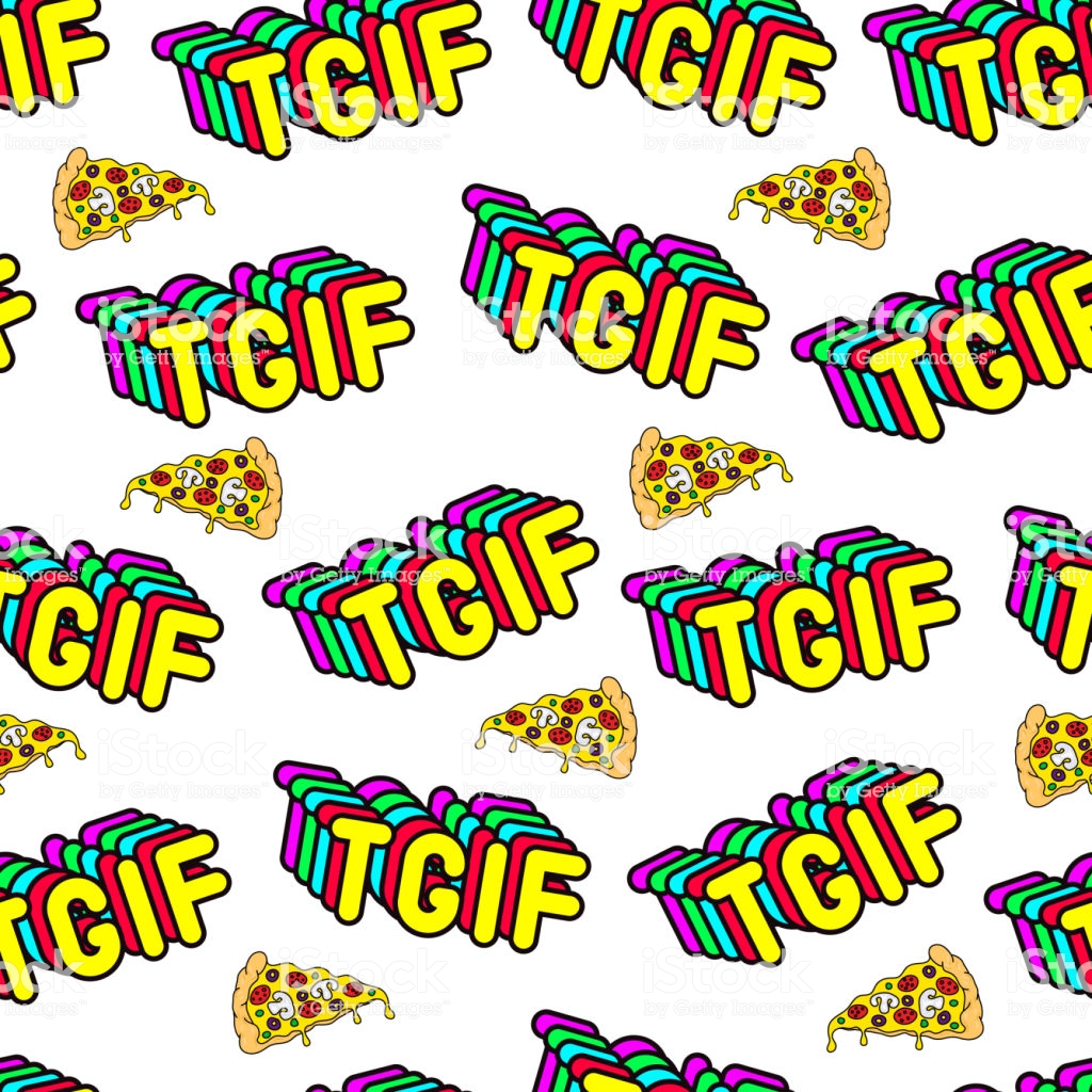 Seamless Pattern With Patches Words Tgif And Pizza Slices