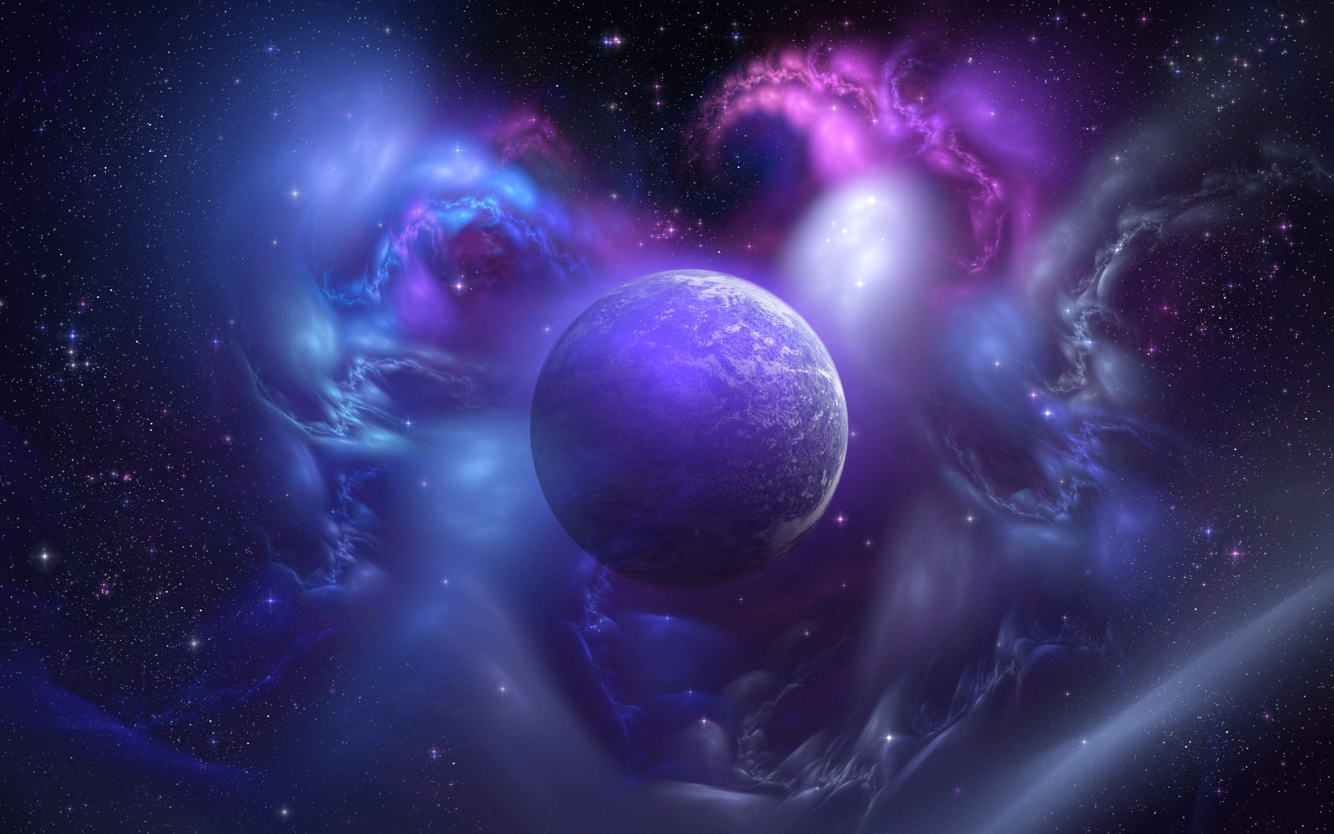 A majestic purple planet dominates the scene, enveloped by swirling blue and pink nebulae clouds, set against a backdrop of a star-studded cosmos