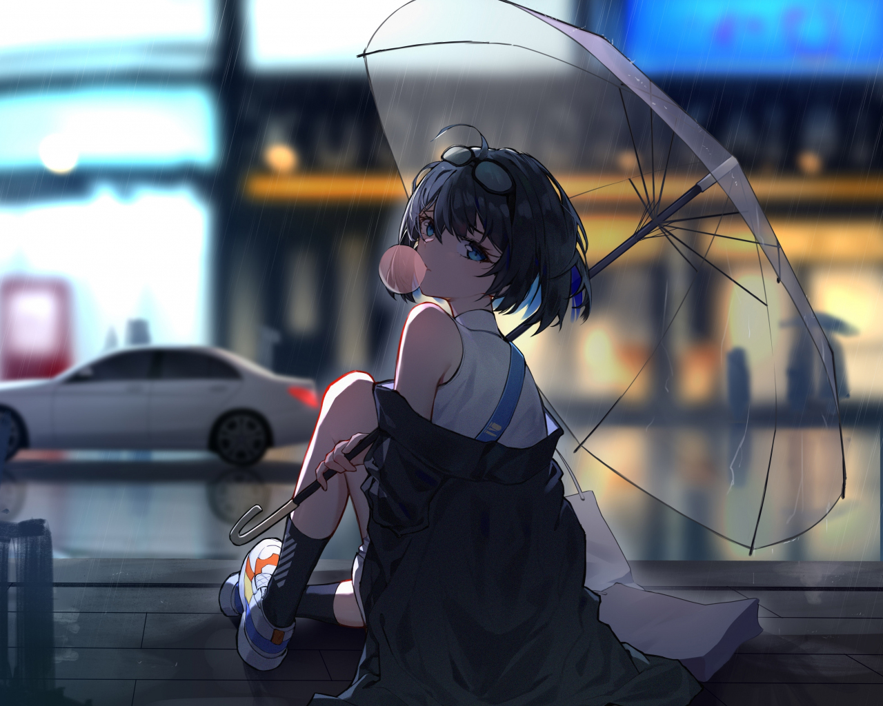 Wallpaper Enjoying Rain Anime Girl Standard