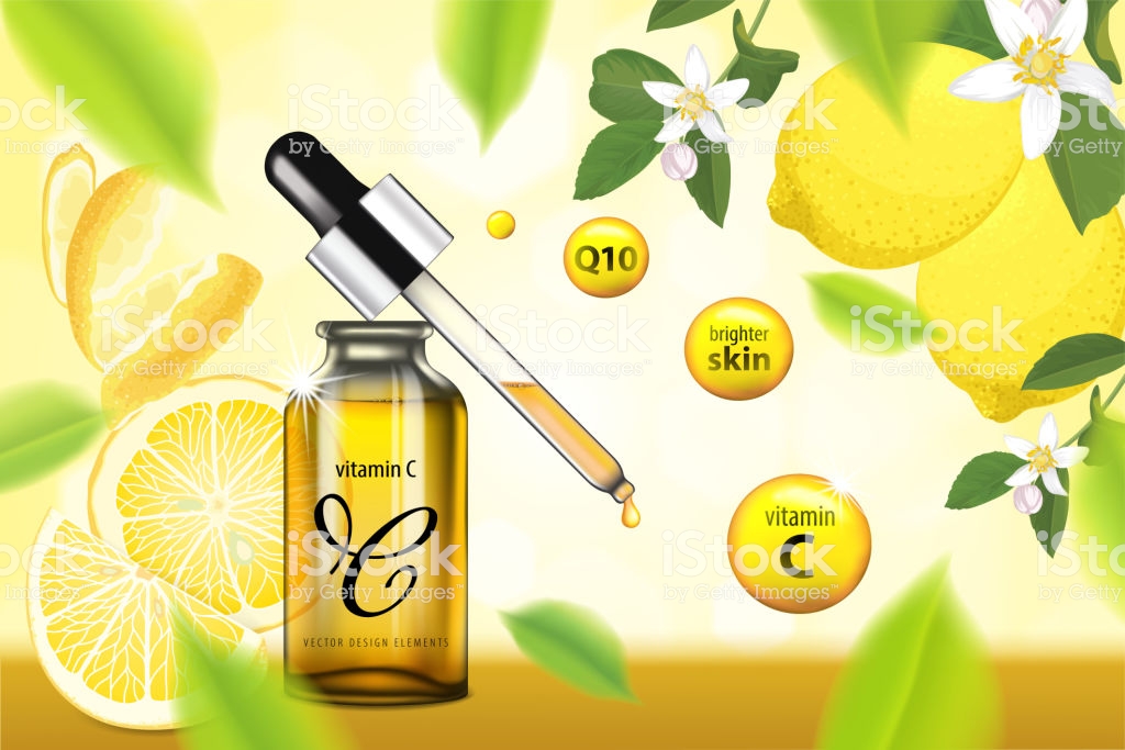 Vitamin C Serum Essence With Lemon And Flower Background Template