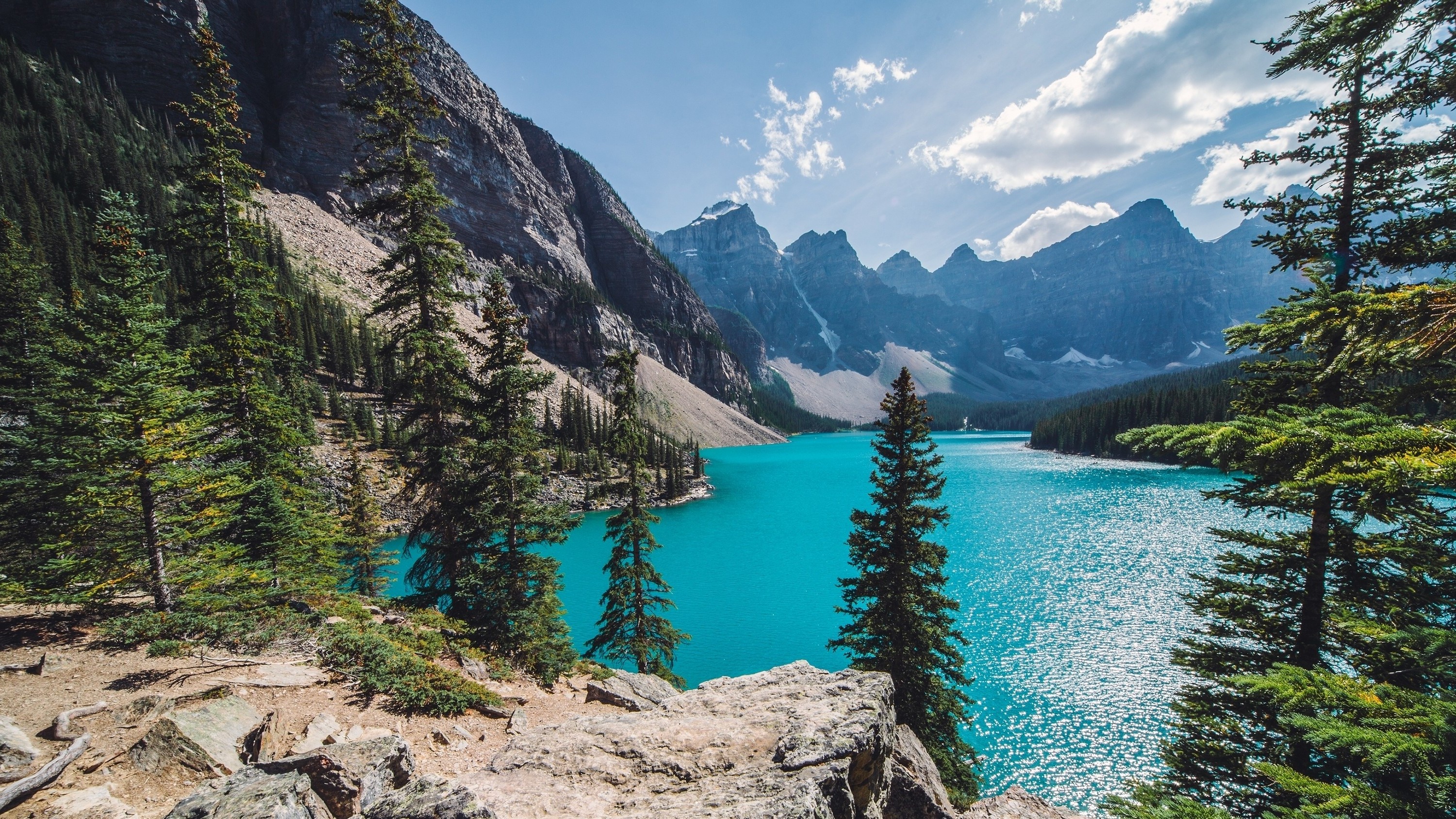Nature Landscape Moraine Lake Canada Mountain Forest Summer Turquoise Water Trees Wallpaper