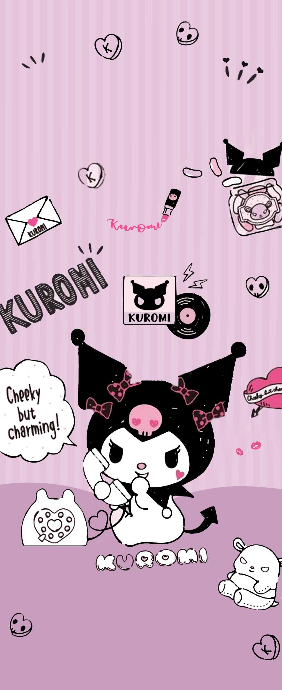 Kuromi, the mischievous yet charming Sanrio character, takes center stage in this vibrant wallpaper.  She's depicted with her signature jester's hat and devil tail, adding a touch of playful rebellion. The pastel pink backdrop and scattered Kuromi-themed elements create a cute and stylish aesthetic perfect for Kuromi enthusiasts