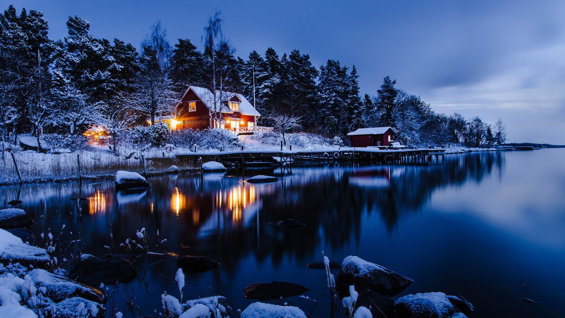 Night Cabin Sweden Snow Winter Landscape Space Wallpaper HD