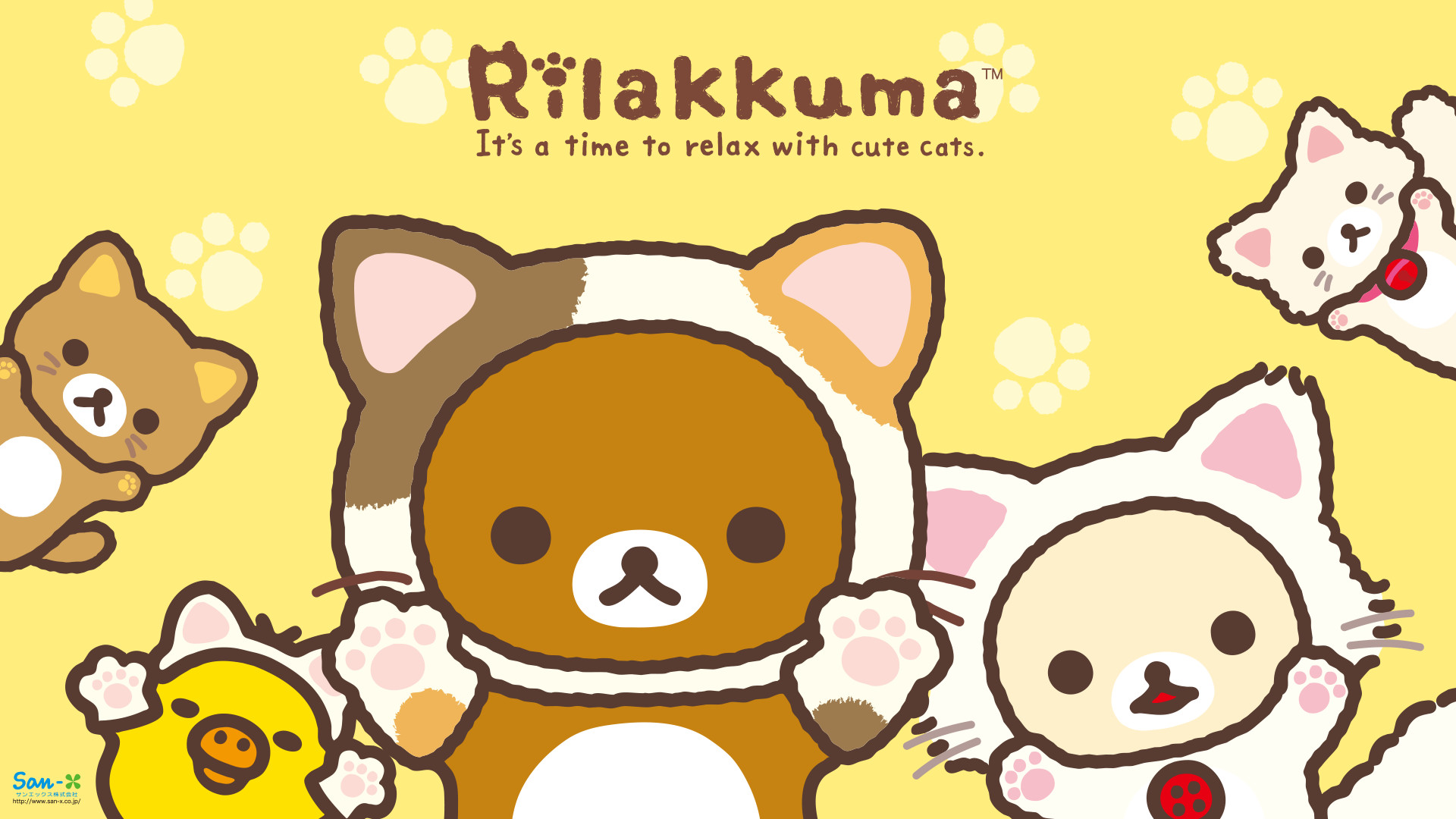 Cute Rilakkuma and friends dressed as cats on a yellow background with paw prints