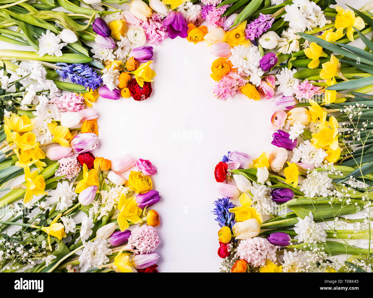 Flowers And Cross Easter Abstract Concept On A White Background