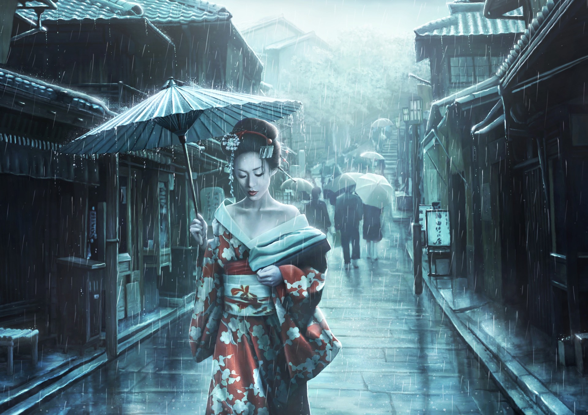 Artwork Women Asian Architecture Rain Geisha Street Umbrella Japanese Wallpaper
