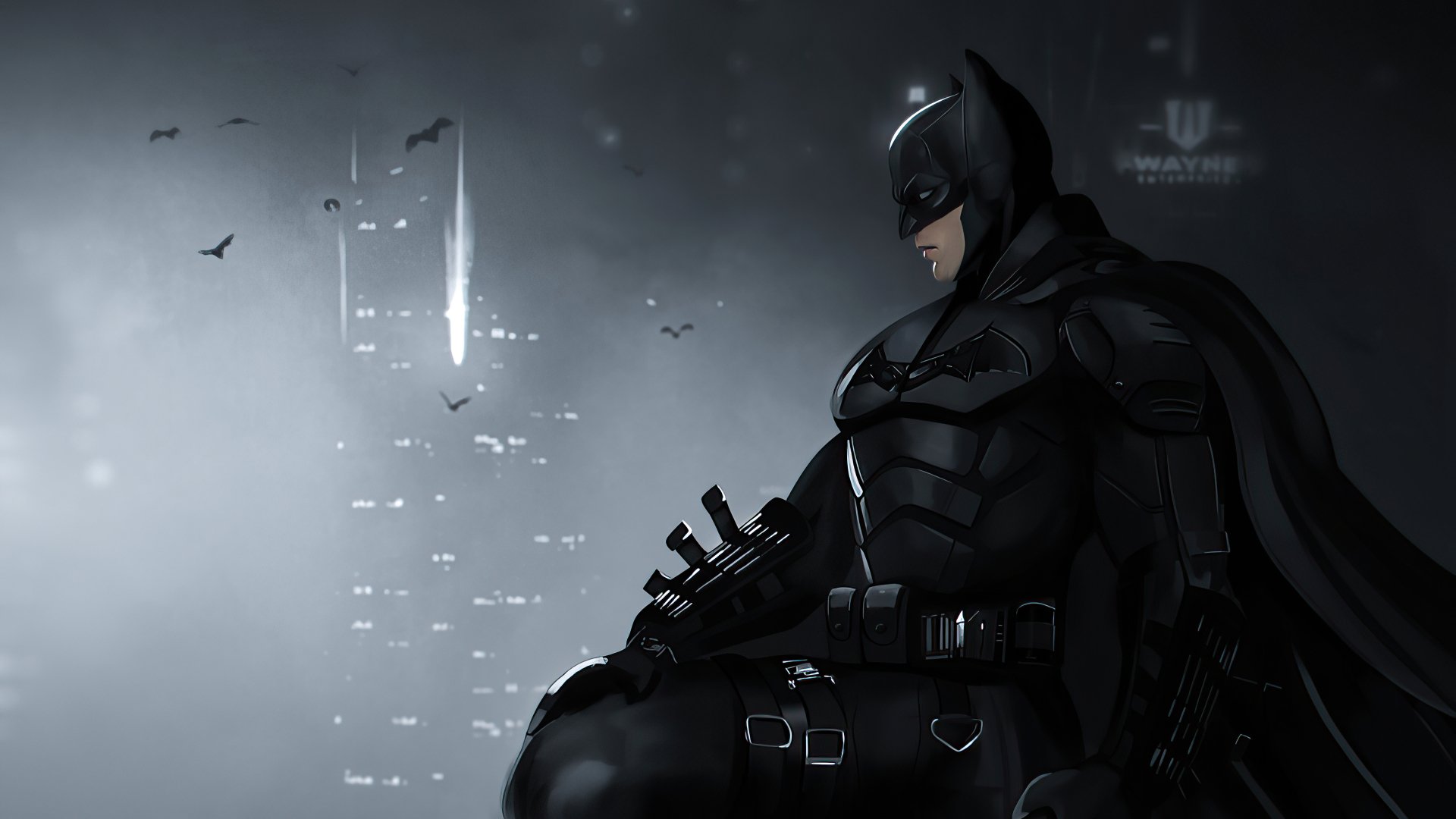 A dramatic close-up of Batman in his tactical suit, perched against a Gotham cityscape backdrop. Bats take flight in the misty sky, adding to the dark and brooding atmosphere