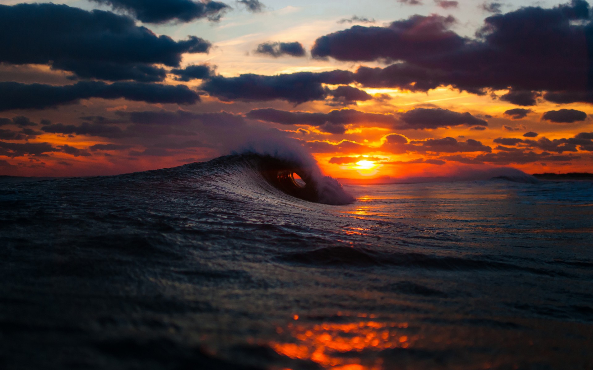 ocean sea waves sunset sunrise sky clouds spray splash drops wallpaper