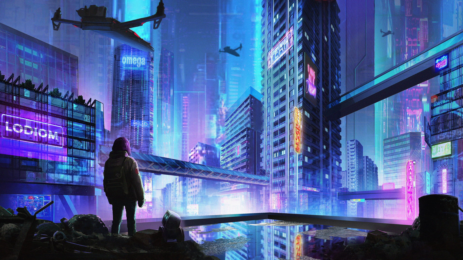 A cyberpunk city at night, featuring neon lights, towering skyscrapers, flying vehicles, and a lone figure in a hooded jacket