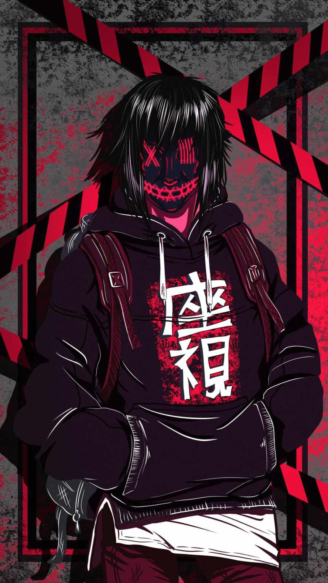 A cool anime-style wallpaper featuring a mysterious figure with a glowing mask and Japanese text on their hoodie