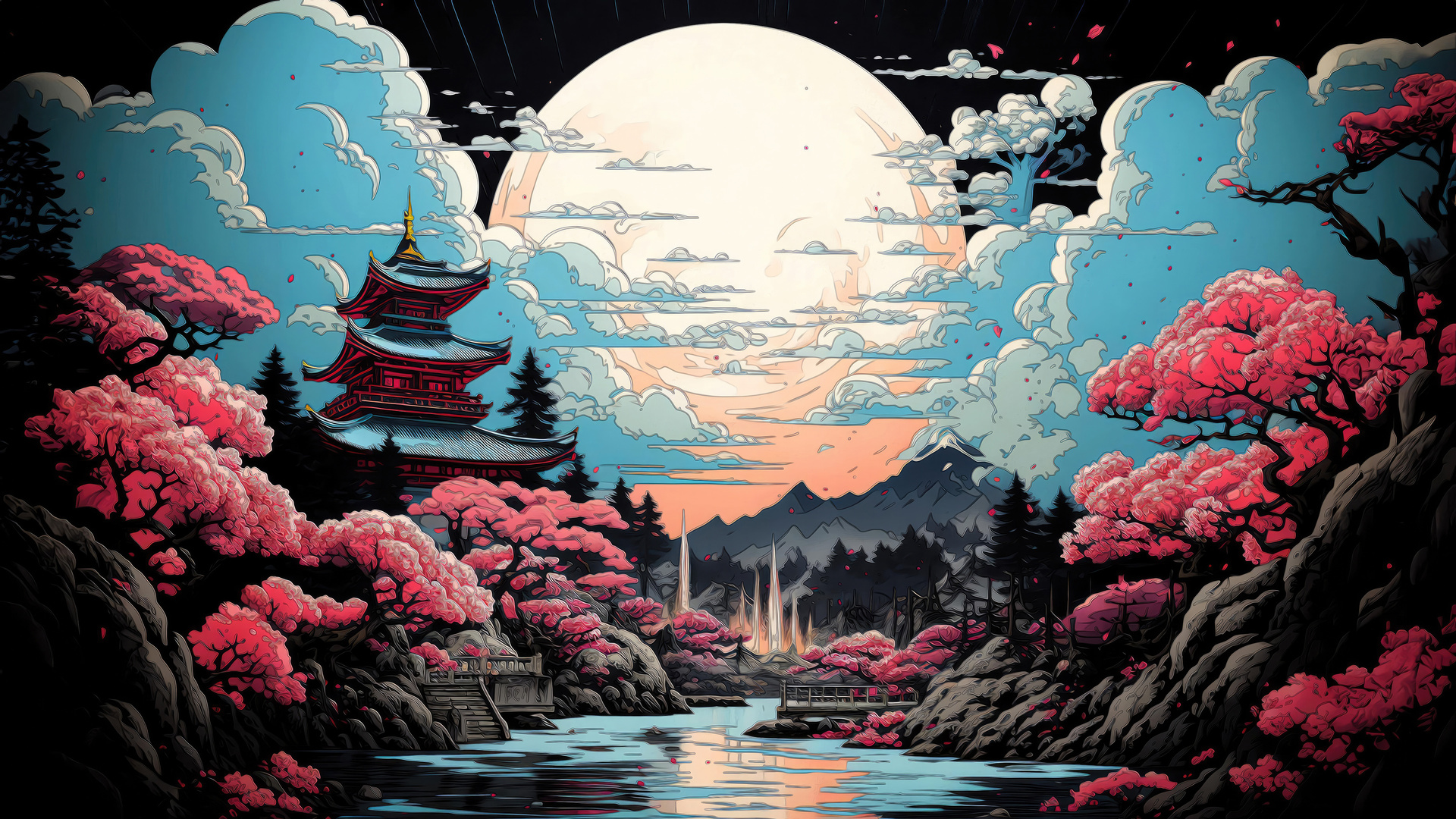 Japanese Temple Illustration Laptop Full HD 1080p 4k Wallpaper