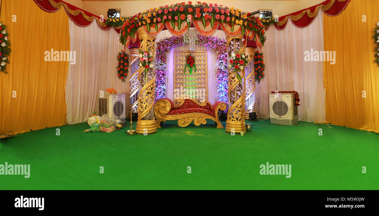 Wedding Stage Decoration With Colorful Flowers Background Stock