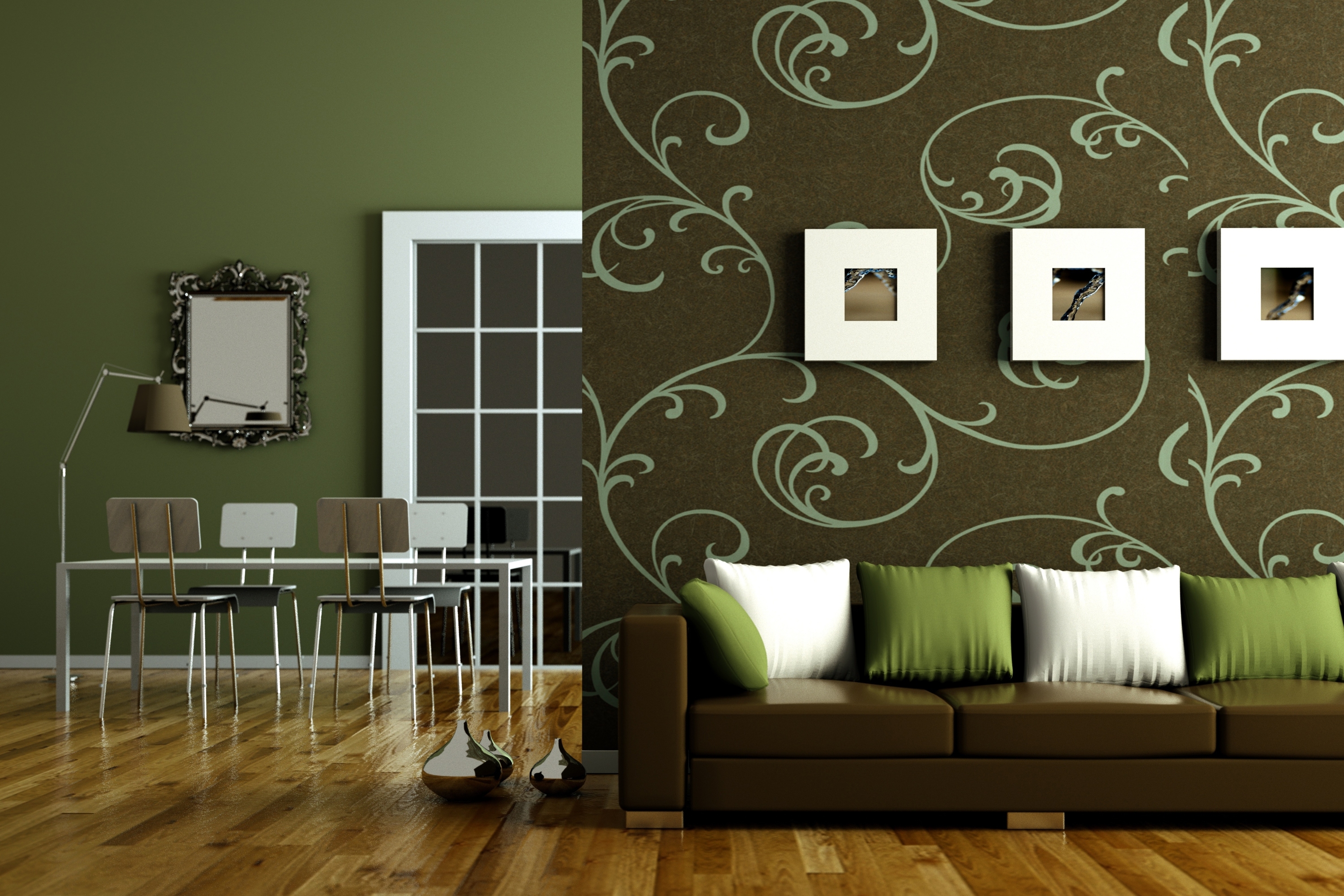 Interior Design Style Green Brown Flat Living Room Sofa Pillows