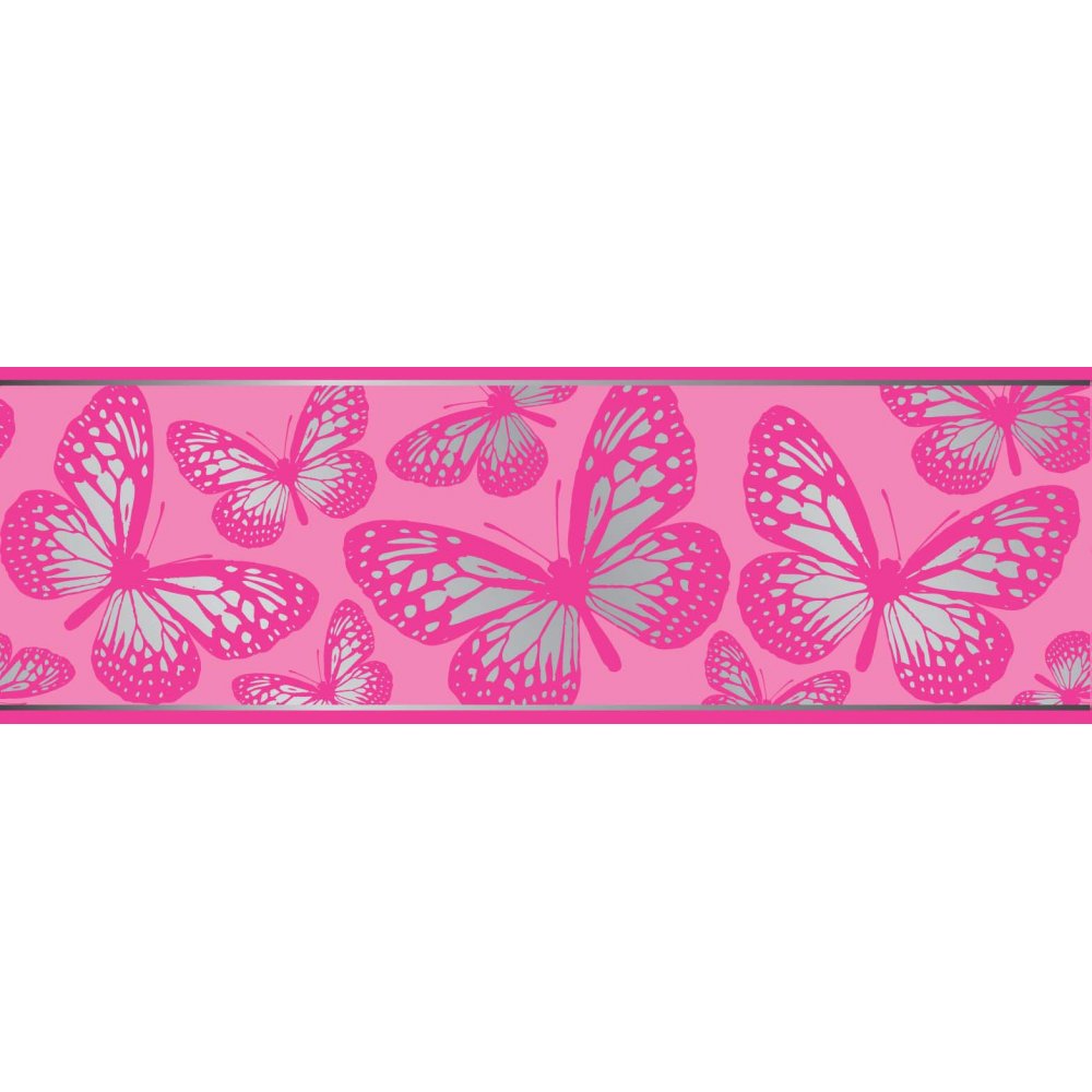 Fun4Walls Butterfly Metallic Wallpaper Border Pink and Silver BO31270