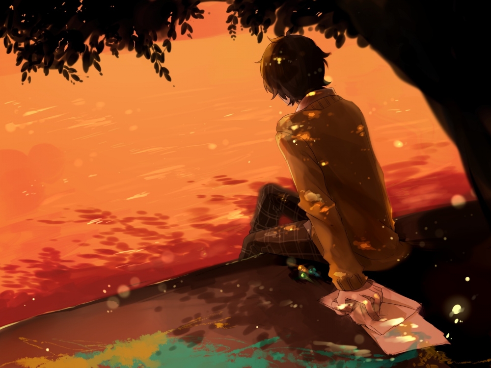 Wallpaper Anime Boy Sunset Tree