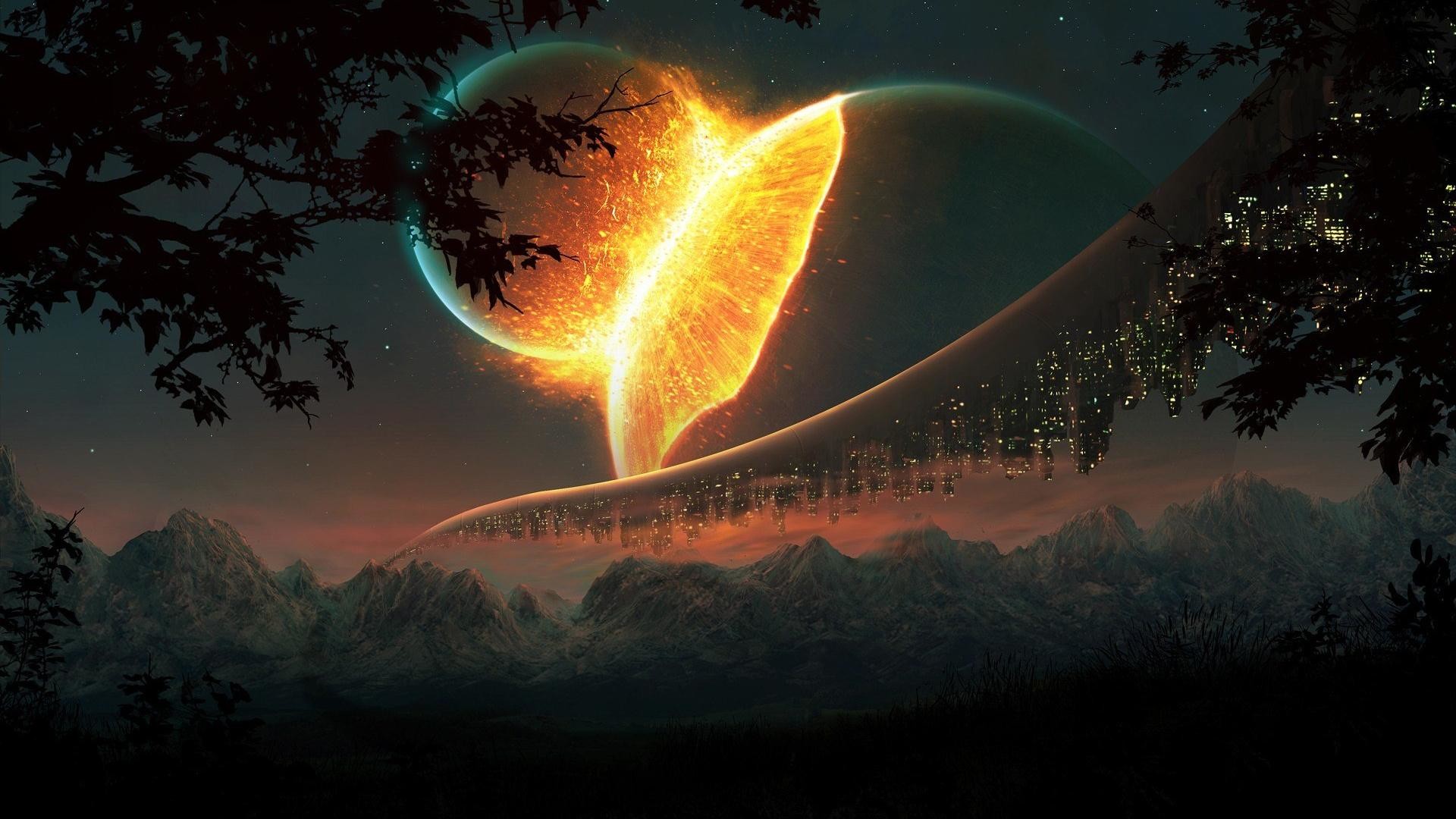 8k HD Wallpaper: Two planets colliding in space with a futuristic city hanging from the larger planet. Silhouette of trees frame the scene, and mountains rise in the foreground