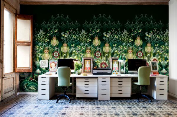Elaborate And Exquisite Wallpaper Creates A Colorful Home Office