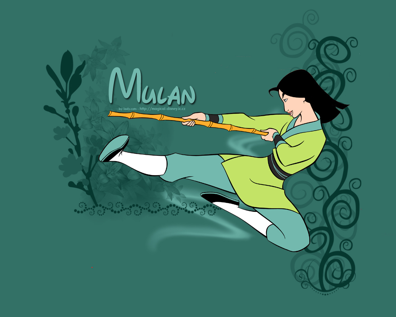 Mulan skillfully wielding a staff in a dynamic pose against a stylized green backdrop