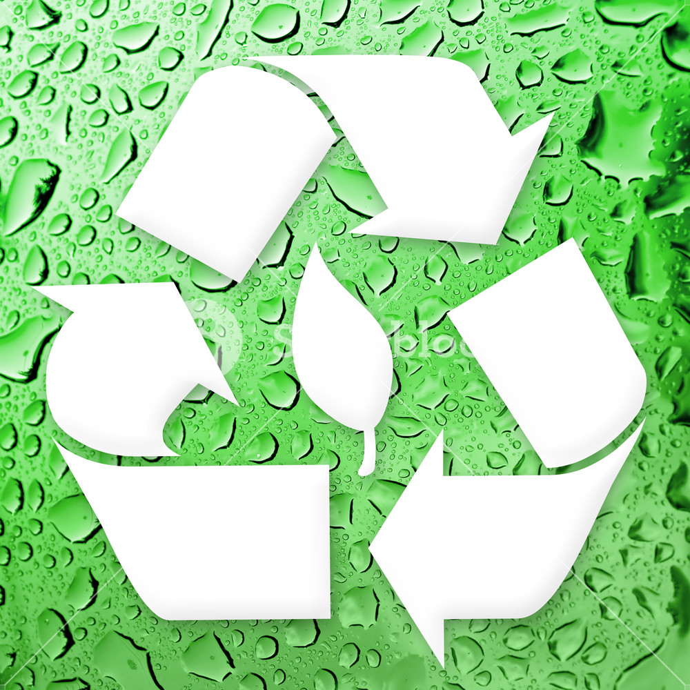 A White Recycling Symbol Over Water Droplets Background Great
