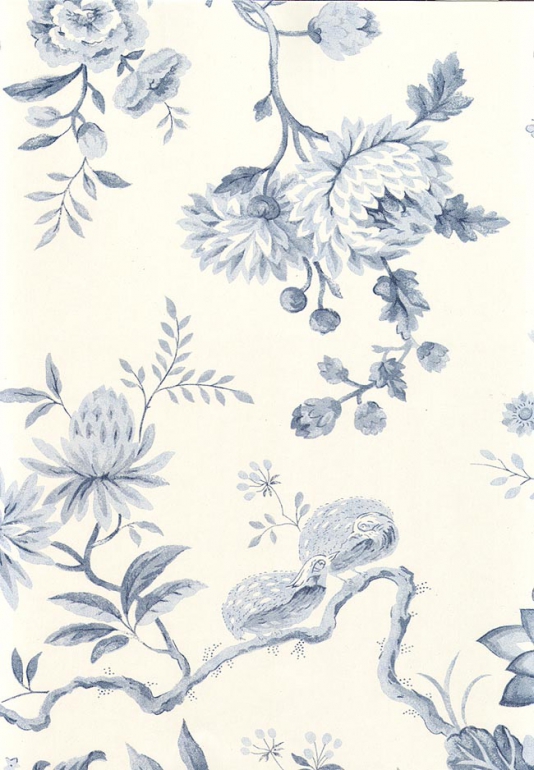 Toile Wallpaper A Lovely Floral And Peacock In Blue On White