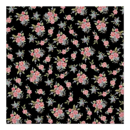 Pretty Pink Flower Pattern On Black Print
