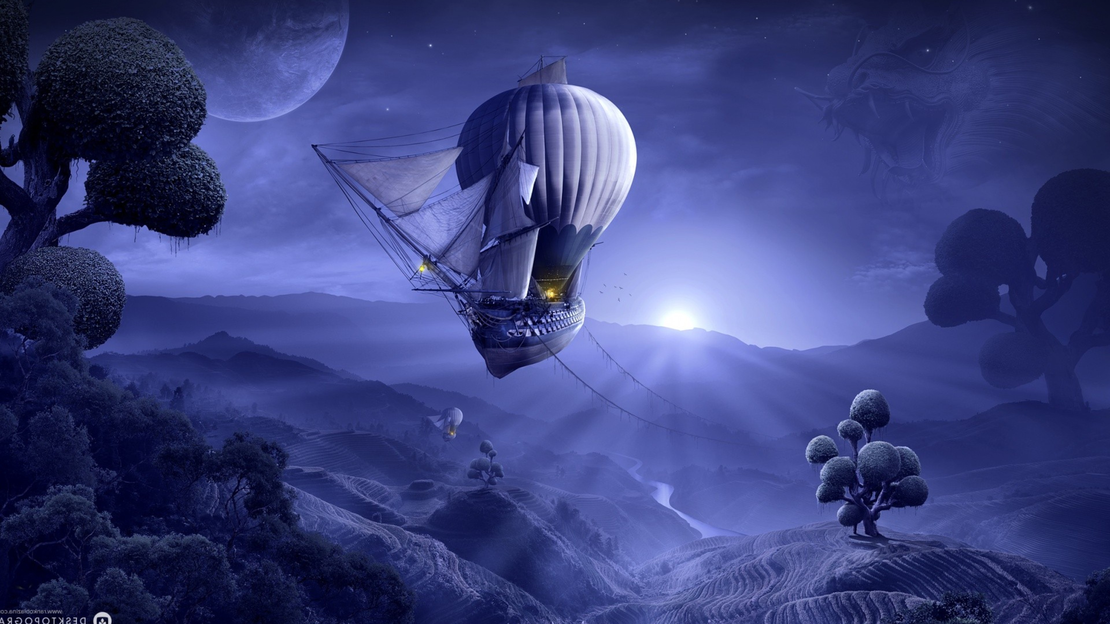 A 4k wallpaper featuring a fantastical airship, combining a sailing ship with a hot air balloon, floating over a surreal, moonlit landscape