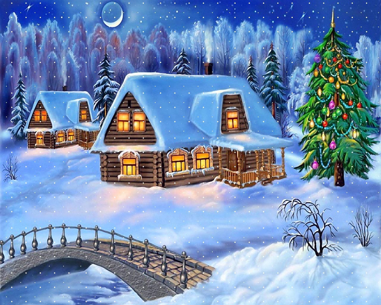 Snowy Christmas Night Decoration With Tree Wallpaper