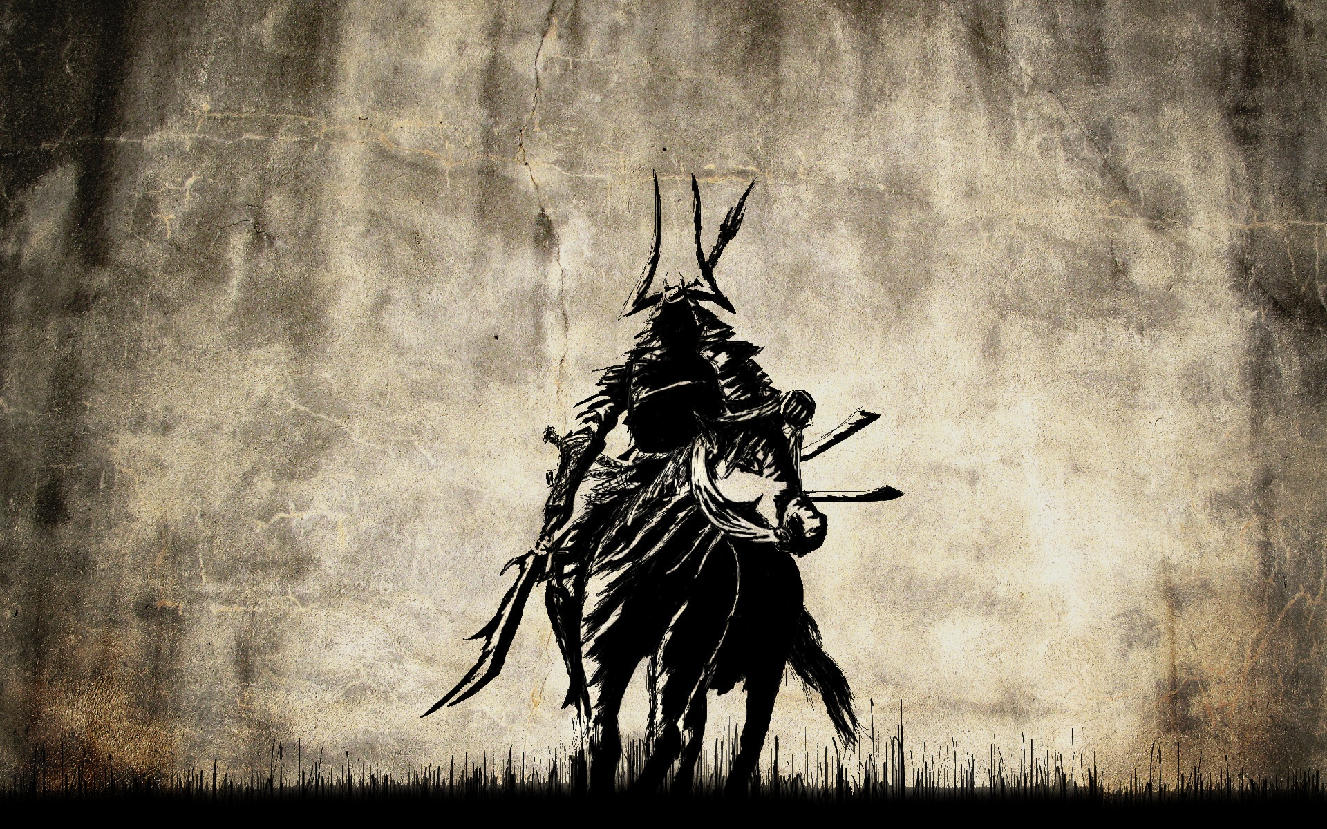 A silhouette of a samurai riding a horse against a grunge textured background. The samurai wears traditional armor and carries swords. The horse appears to be galloping through a field of tall grass