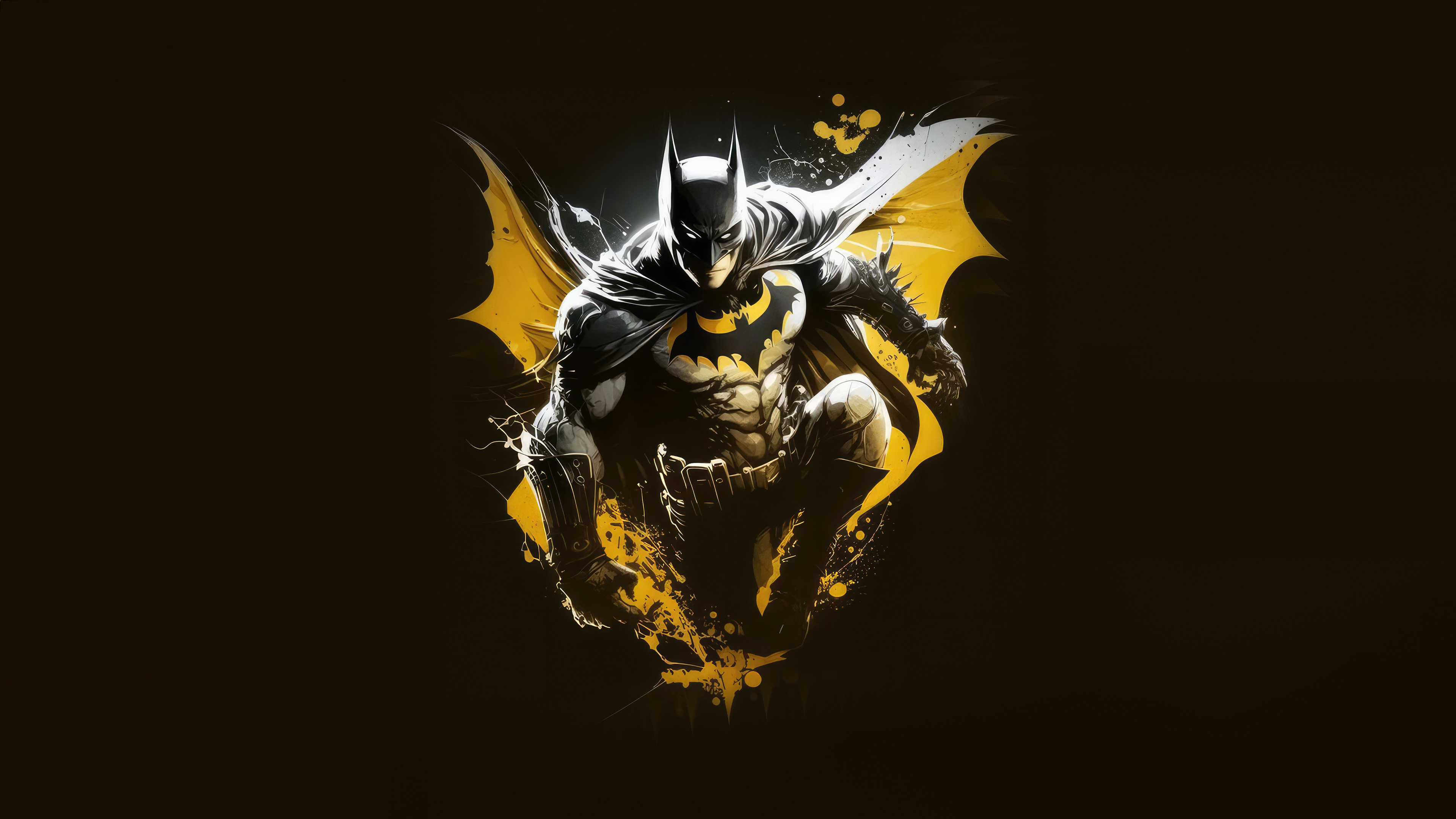Batman in dynamic pose against a dark background with yellow highlights