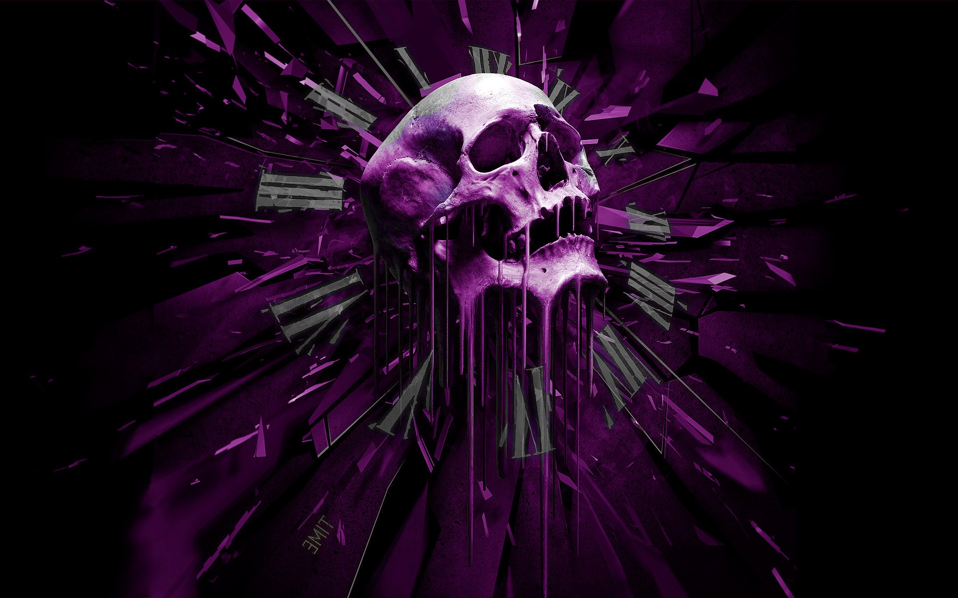 A purple melting skull against a backdrop of shattered clock hands, creating a dark and surreal digital art piece
