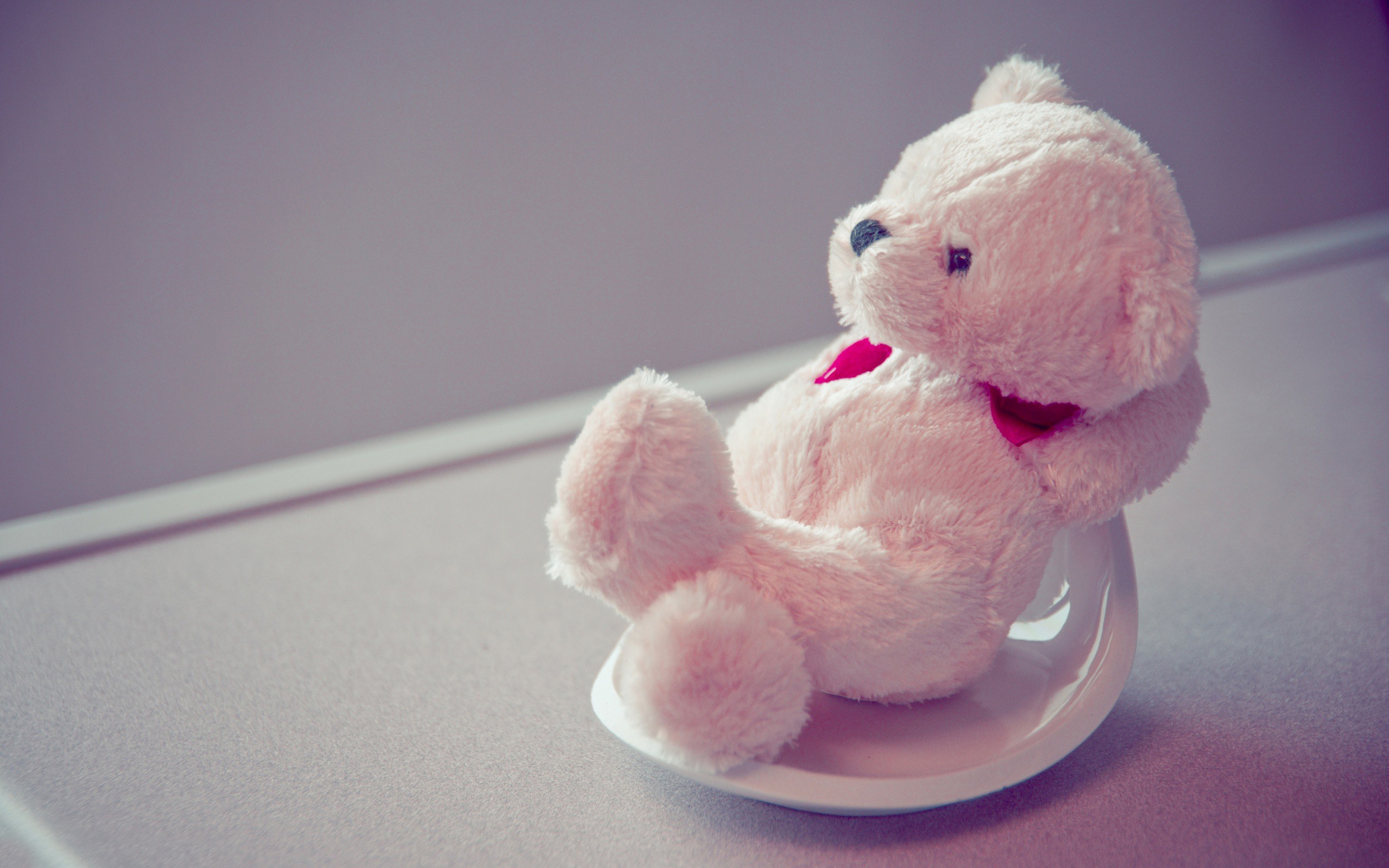 A cute teddy bear relaxing on a small white dish, perfect for adding a touch of charm to tech devices
