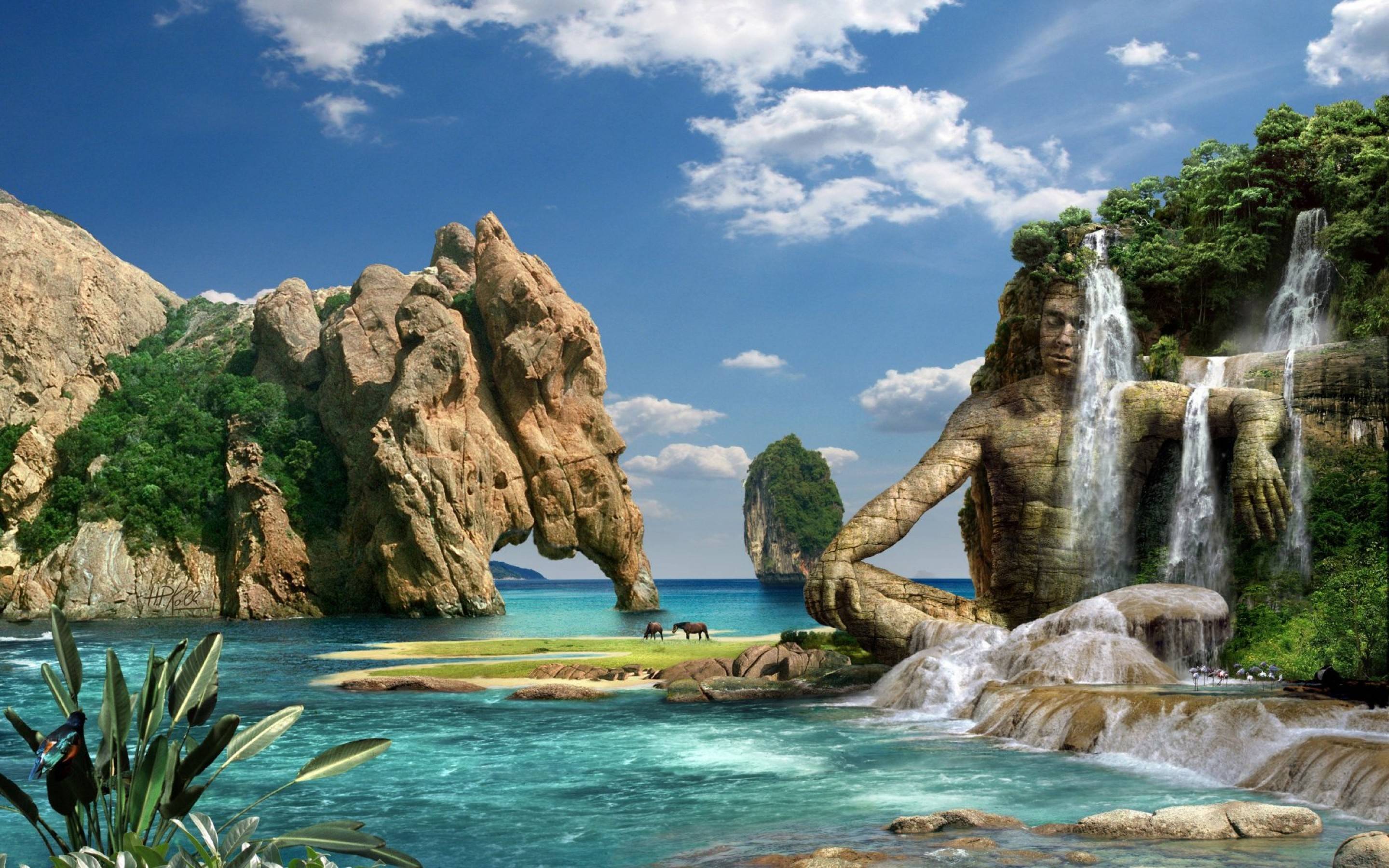3D rendering of a surreal tropical landscape with rock formations resembling an elephant and a reclining human figure, waterfalls, lush vegetation, and a tranquil beach. Perfect for a desktop wallpaper