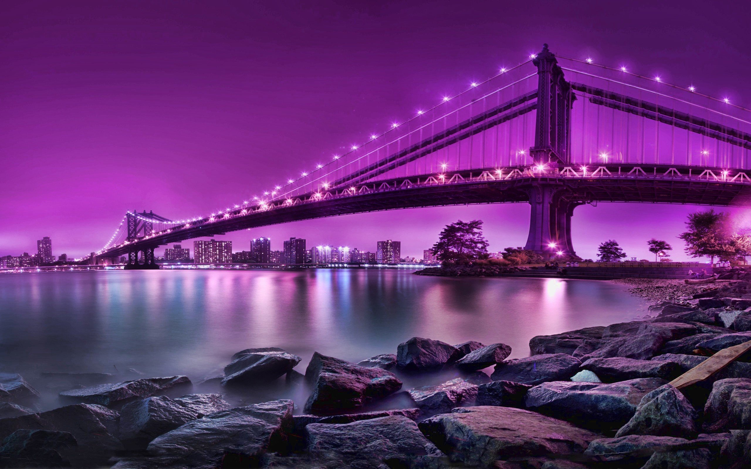 Water Cityscapes Purple Bridges City Skyline Wallpaper Background