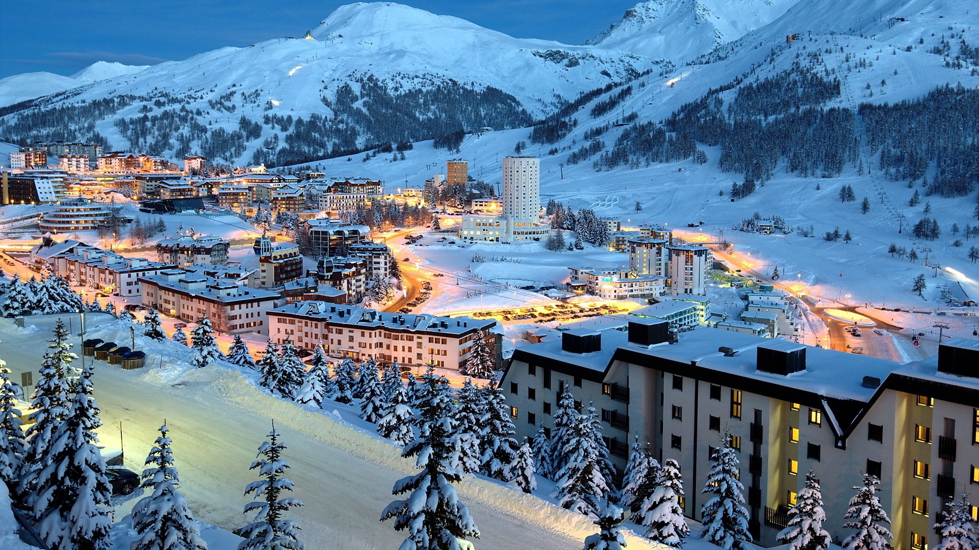 City Of Winter Schnee Berge Nacht Hintergrundbilder
