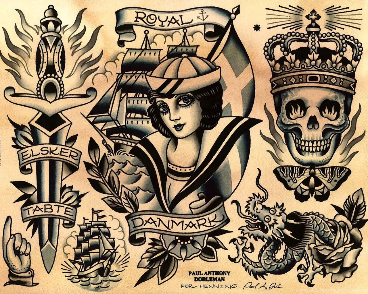 A collection of traditional tattoo designs on a parchment-like background, including a dagger, a ship, a sailor woman, a crown, a skull, a moth, a dragon, and other elements