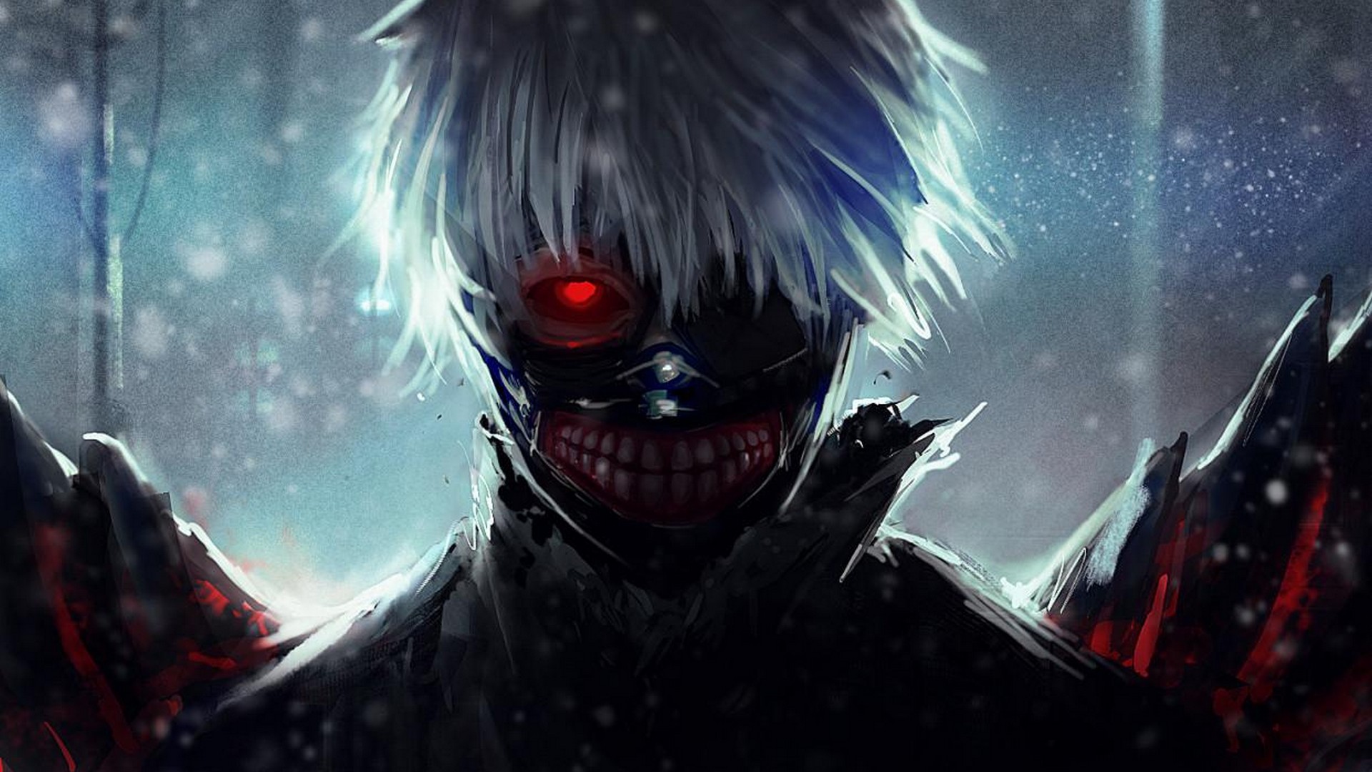 A chilling anime character with white hair, a single red eye, and a sinister smile, set against a dark, snowy backdrop