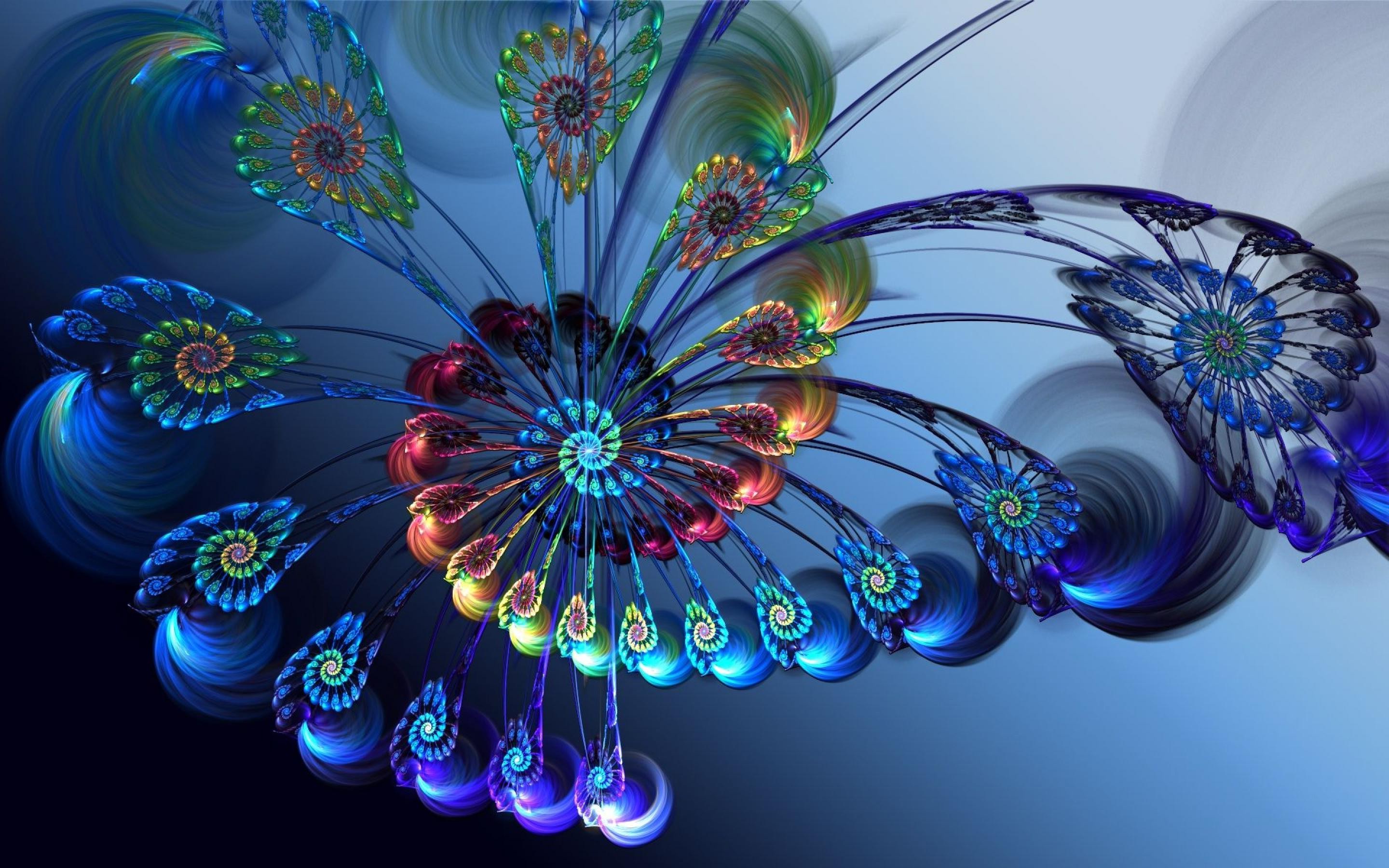 A vibrant abstract fractal design with swirling patterns and colorful spirals, resembling a peacock's tail or a fantastical flower against a gradient blue background