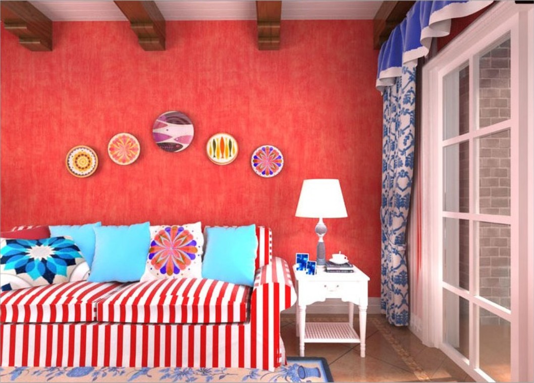 Interior Mediterranean living room red wallpaper