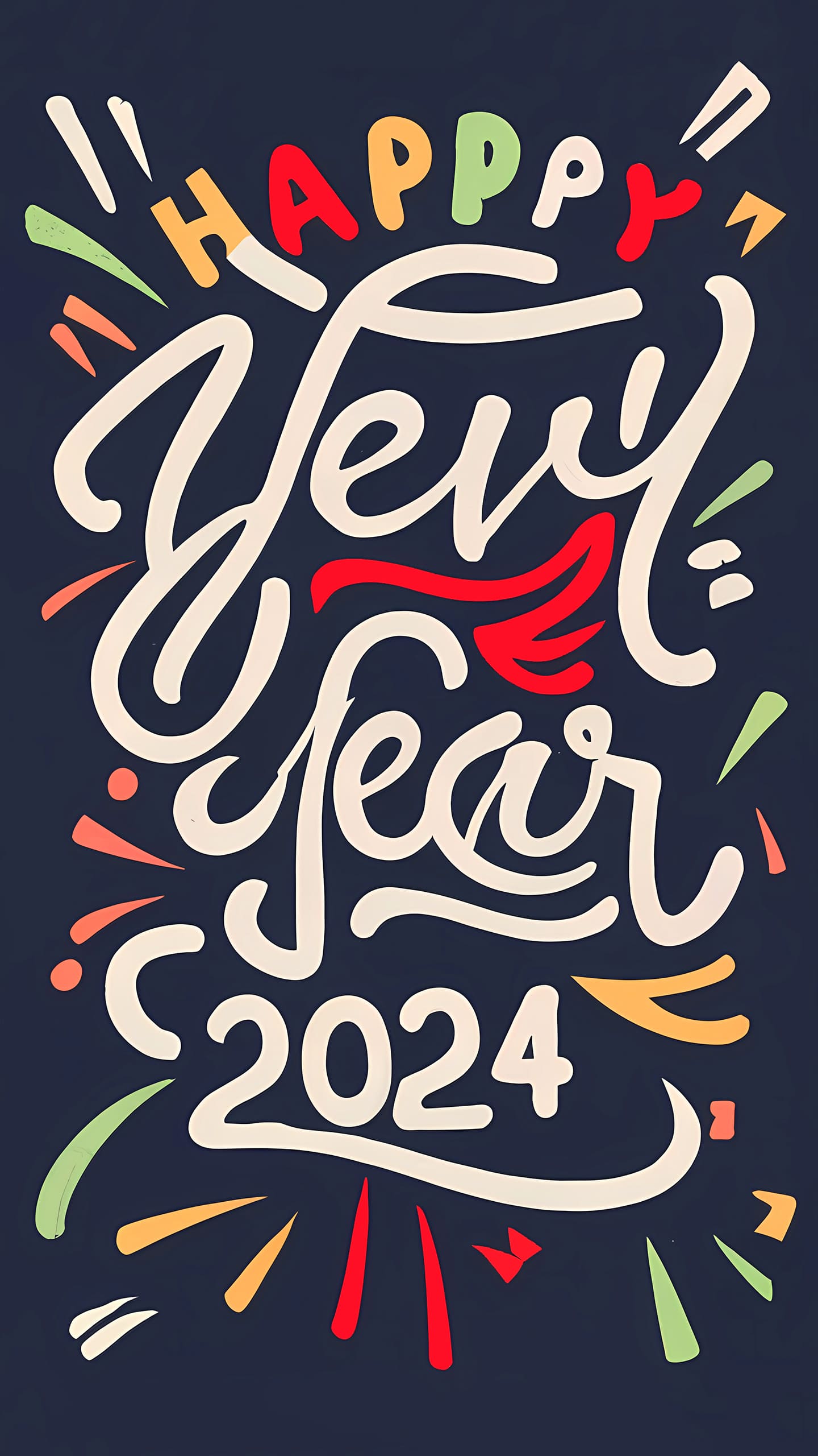 Happy New Year 2024 greeting on a dark blue background with colorful, stylized typography. Perfect for a festive and aesthetic wallpaper