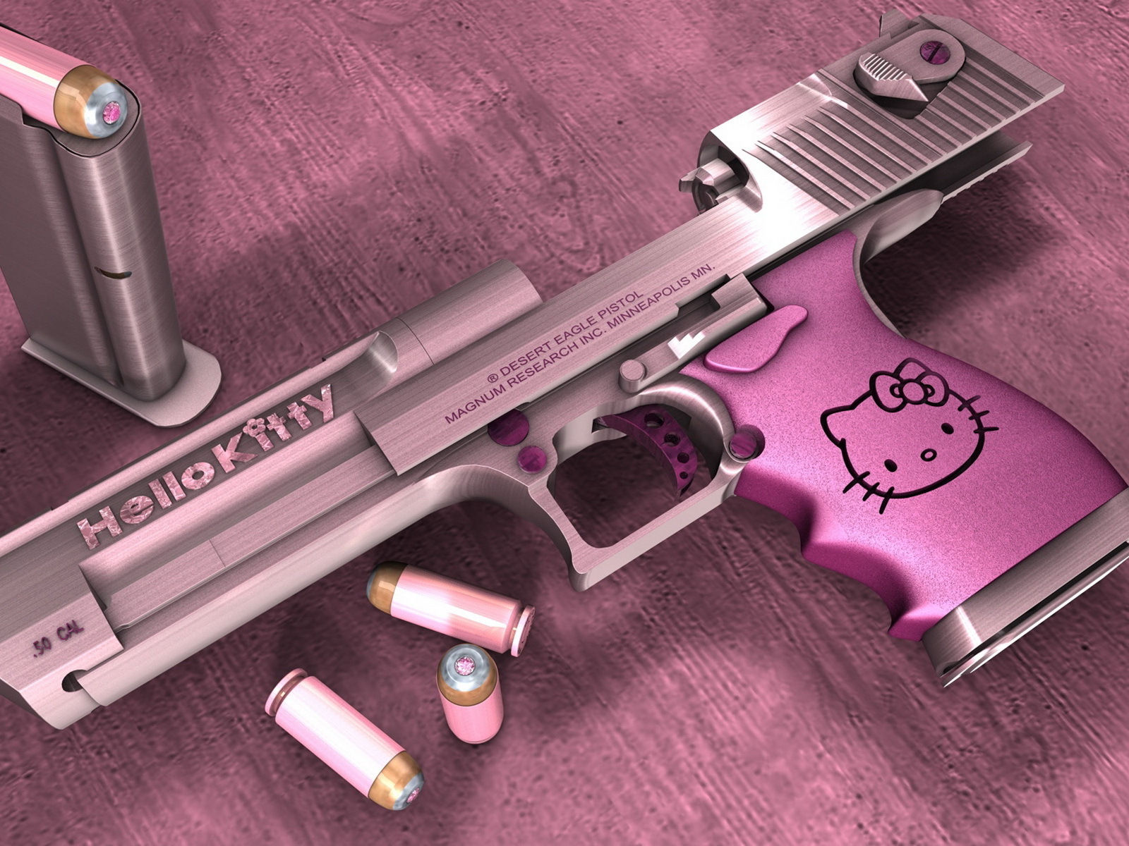Hellokitty Funny Pink Desert Eagle Gun And Bullets Desktop Wallpaper