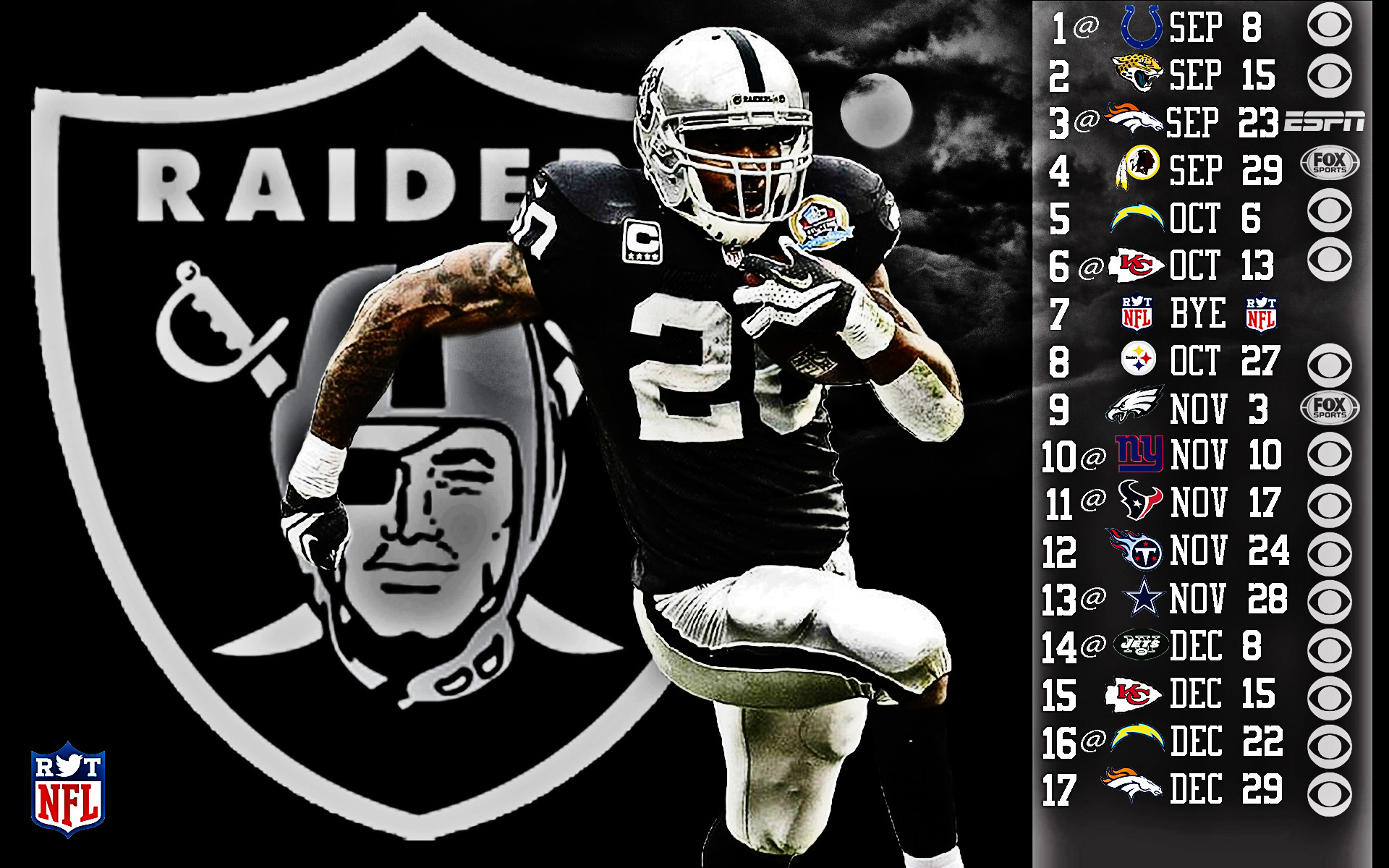 Darren McFadden, running back for the Oakland Raiders, in action. The image also features the Raiders logo and their 2013 season schedule